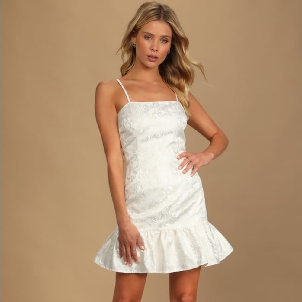 Lulu’s Social Affair Cream Floral Jacquard Ruffled Mini Dress